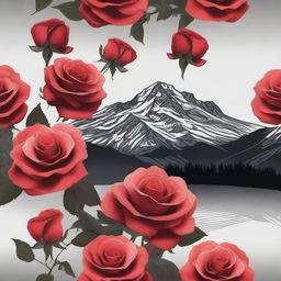 Generate an image of faded red roses without stems, set against a dark mountain backdrop