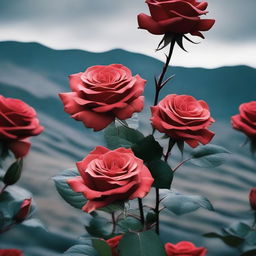 Generate an image of faded red roses without stems, set against a dark mountain backdrop