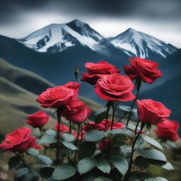 Generate an image of faded red roses without stems, set against a dark mountain backdrop