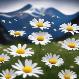 Generate an image of daisies with petals falling off, without stems, against a dark mountain backdrop