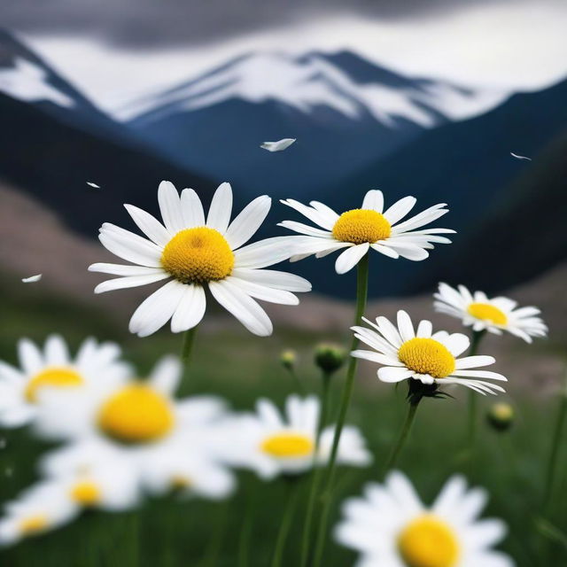 Generate an image of daisies with petals falling off, without stems, against a dark mountain backdrop