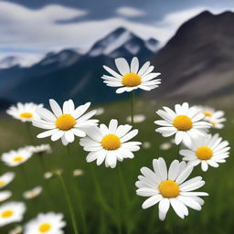 Generate an image of daisies with petals falling off, without stems, against a dark mountain backdrop