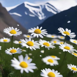 Generate an image of daisies with petals falling off, without stems, against a dark mountain backdrop