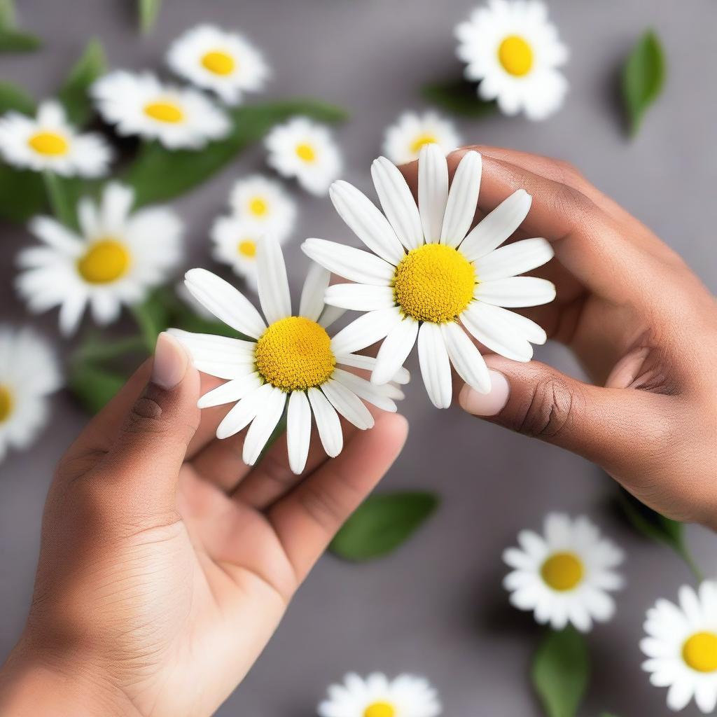 Generate an image of hands with arms plucking the petals off a daisy