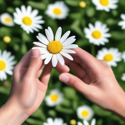 Generate an image of hands with arms plucking the petals off a daisy