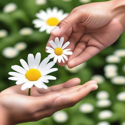 Generate an image of hands with arms plucking the petals off a daisy