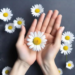 Generate an image of hands with arms plucking the petals off a daisy