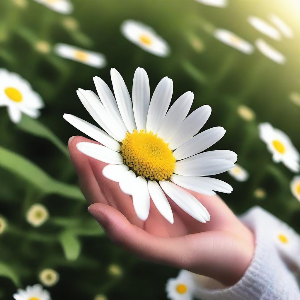 Generate an image that captures the moment of plucking the petals off a daisy