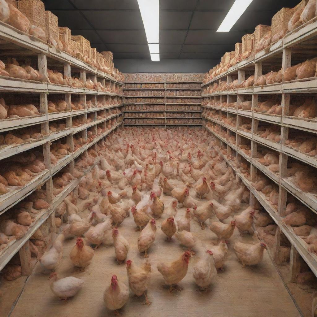 A 3D illusion of a bustling wholesale chicken shop filled with crates and live chickens.