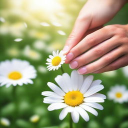 Generate an image that captures the moment of plucking the petals off a daisy