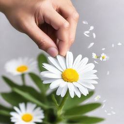 Generate an image that captures the moment of plucking the petals off a daisy