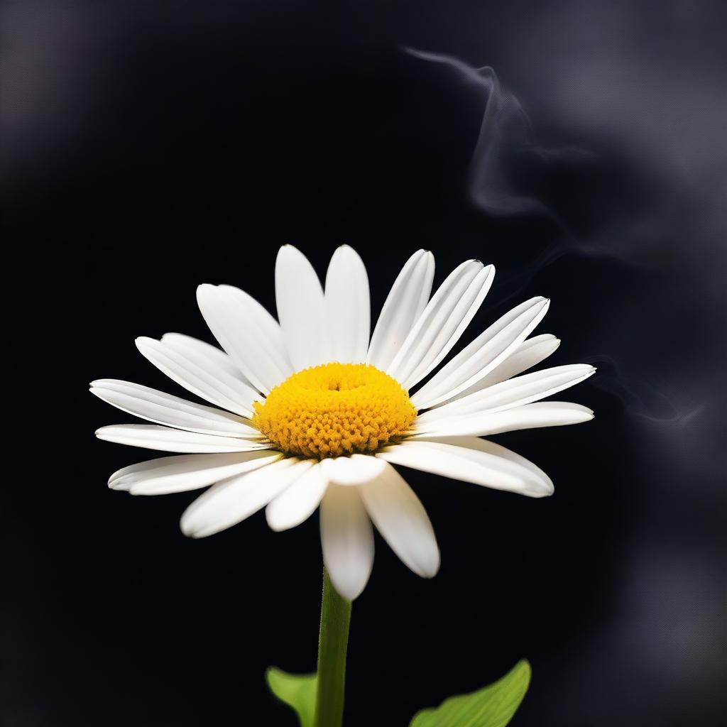 Generate an image that depicts the action of plucking the petals off a daisy, set against a smokey dark background