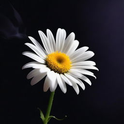 Generate an image that depicts the action of plucking the petals off a daisy, set against a smokey dark background