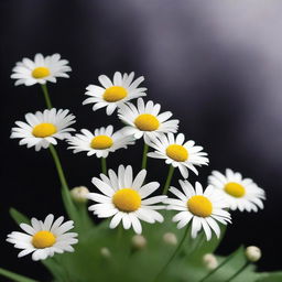 Generate an image of daisies falling gently against a smokey dark background