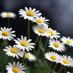 Generate an image of daisies falling gently against a smokey dark background