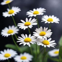 Generate an image of daisies falling gently against a smokey dark background