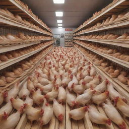 A 3D illusion of a bustling wholesale chicken shop filled with crates and live chickens.