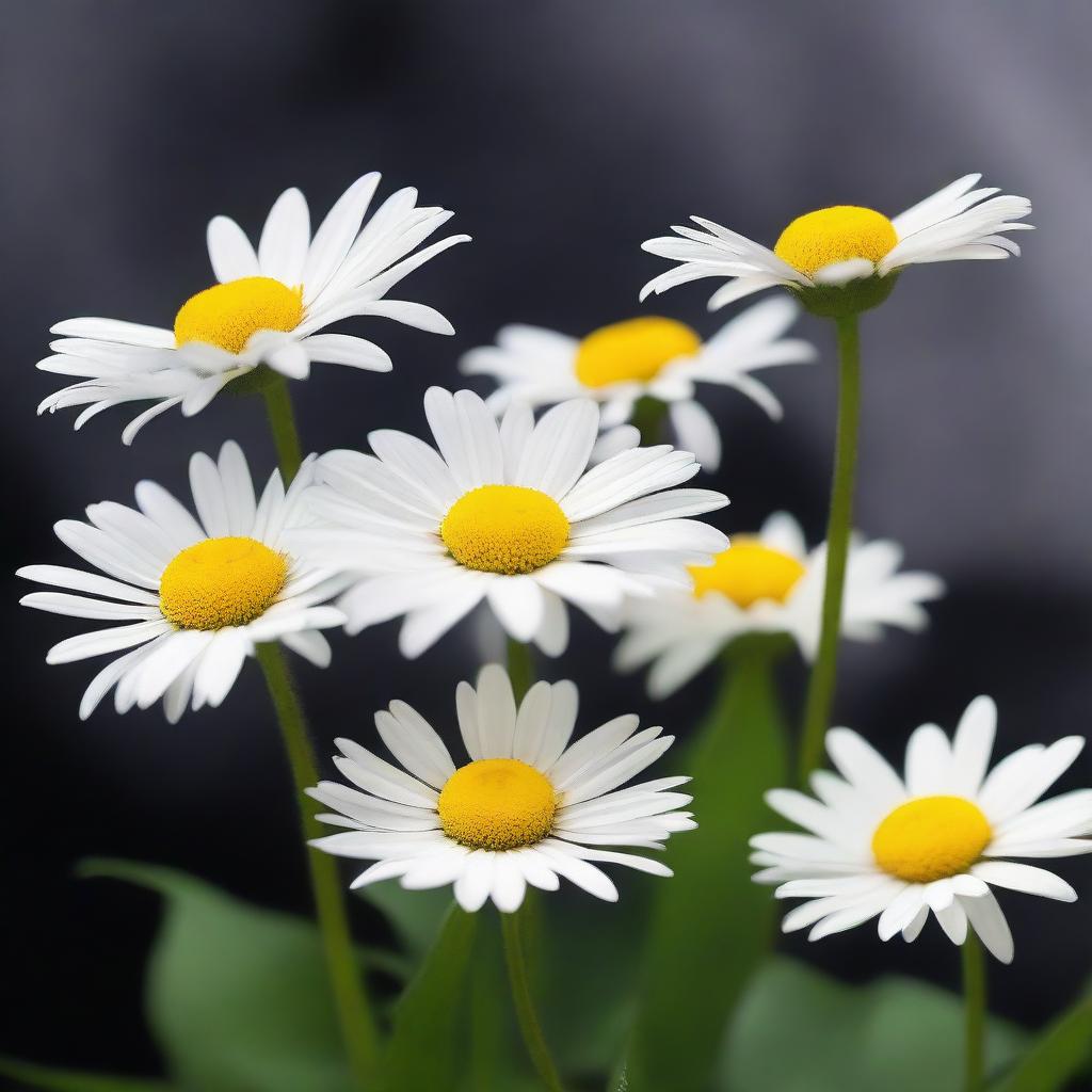 Generate an image of daisies falling gently against a smokey dark background