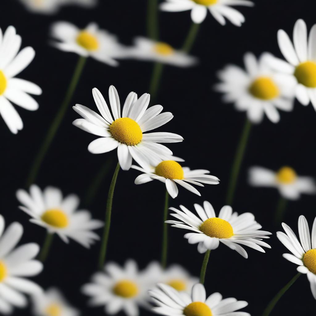 Generate an image of falling daisies and petals without stems against a smokey dark background