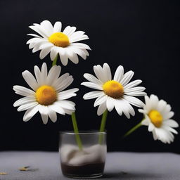 Generate an image of falling daisies and petals without stems against a smokey dark background