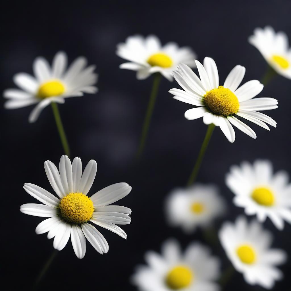 Generate an image of falling daisies and petals without stems against a smokey dark background