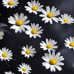 Generate an image of falling daisies and petals without stems against a smokey dark background