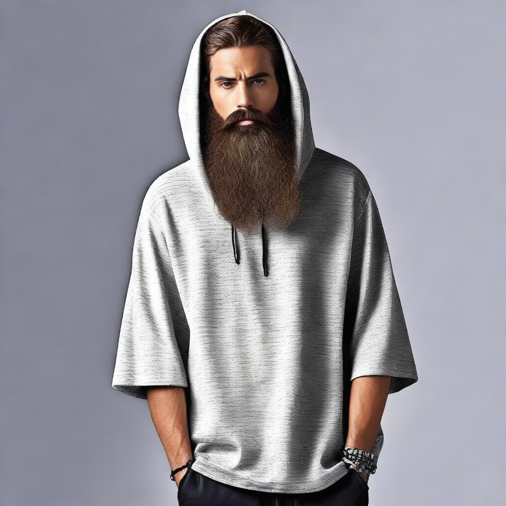 Design a T-shirt featuring a bearded man dressed in a hooded poncho