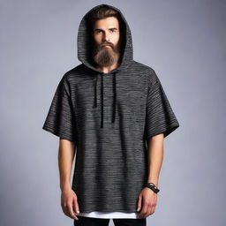 Design a T-shirt featuring a bearded man dressed in a hooded poncho