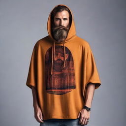 Design a T-shirt featuring a bearded man dressed in a hooded poncho