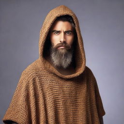 Design a T-shirt featuring a bearded man dressed in a hooded poncho, inspired by the aesthetic of the Lord of the Rings