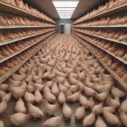 A 3D illusion of a bustling wholesale chicken shop filled with crates and live chickens.