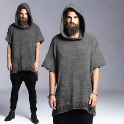 Design a T-shirt featuring a bearded man dressed in a hooded poncho, inspired by the aesthetic of the Lord of the Rings