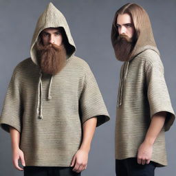 Design a T-shirt featuring a bearded man dressed in a hooded poncho, inspired by the aesthetic of the Lord of the Rings