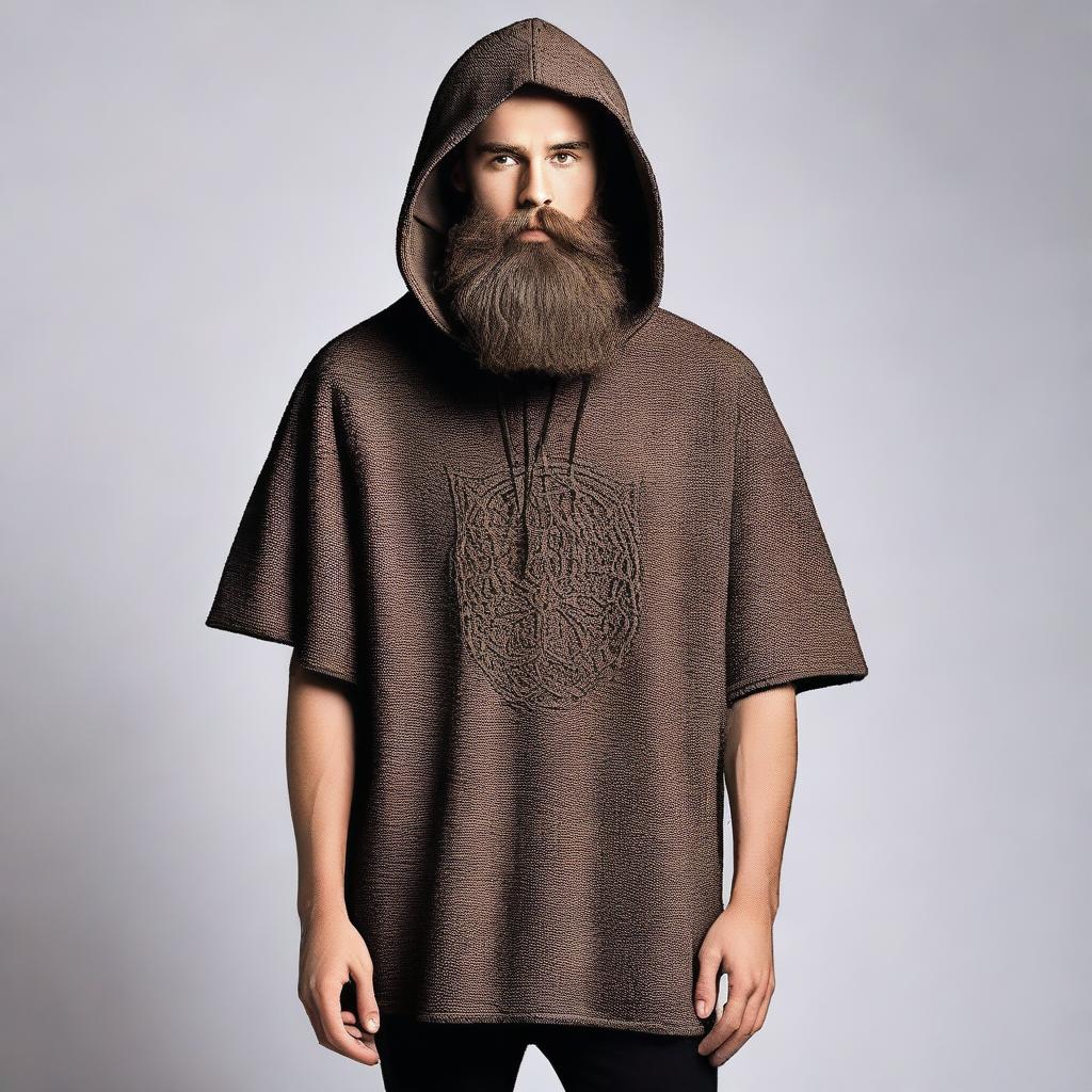 Design a T-shirt featuring a bearded man dressed in a hooded poncho, inspired by the aesthetic of the Lord of the Rings