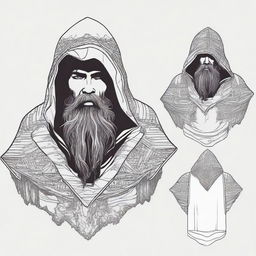 Create a concept for a T-shirt featuring a bearded man dressed in a hooded poncho, taking inspiration from the universe of Lord of the Rings