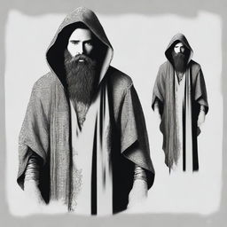 Create a concept for a T-shirt featuring a bearded man dressed in a hooded poncho, taking inspiration from the universe of Lord of the Rings