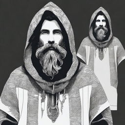 Create a concept for a T-shirt featuring a bearded man dressed in a hooded poncho, taking inspiration from the universe of Lord of the Rings