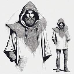 Create a concept for a T-shirt featuring a bearded man dressed in a hooded poncho, taking inspiration from the universe of Lord of the Rings