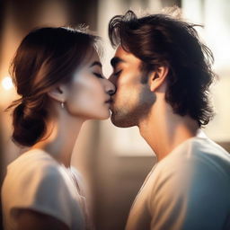 A passionate yet innocent scene of two people sharing a loving kiss