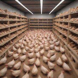 A 3D illusion of a bustling wholesale chicken shop filled with crates and live chickens.