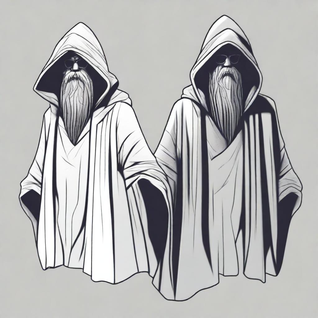 Create a concept for a T-shirt featuring a bearded wizard dressed in a hooded poncho