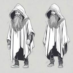 Create a concept for a T-shirt featuring a bearded wizard dressed in a hooded poncho