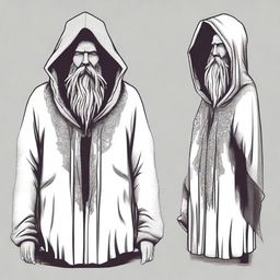 Create a concept for a T-shirt featuring a bearded wizard dressed in a hooded poncho