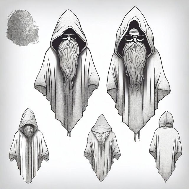 Create a concept for a T-shirt featuring a bearded wizard dressed in a hooded poncho