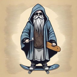 Create an image for a T-shirt featuring a bearded wizard in a hooded poncho holding a skateboard