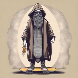 Create an image for a T-shirt featuring a bearded wizard in a hooded poncho holding a skateboard