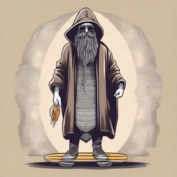 Create an image for a T-shirt featuring a bearded wizard in a hooded poncho holding a skateboard