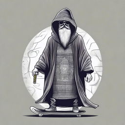 Create an image for a T-shirt featuring a bearded wizard in a hooded poncho holding a skateboard