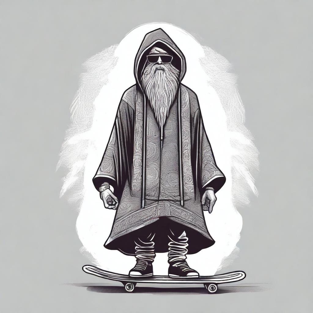 Create an image for a T-shirt featuring a bearded wizard in a hooded poncho holding a skateboard