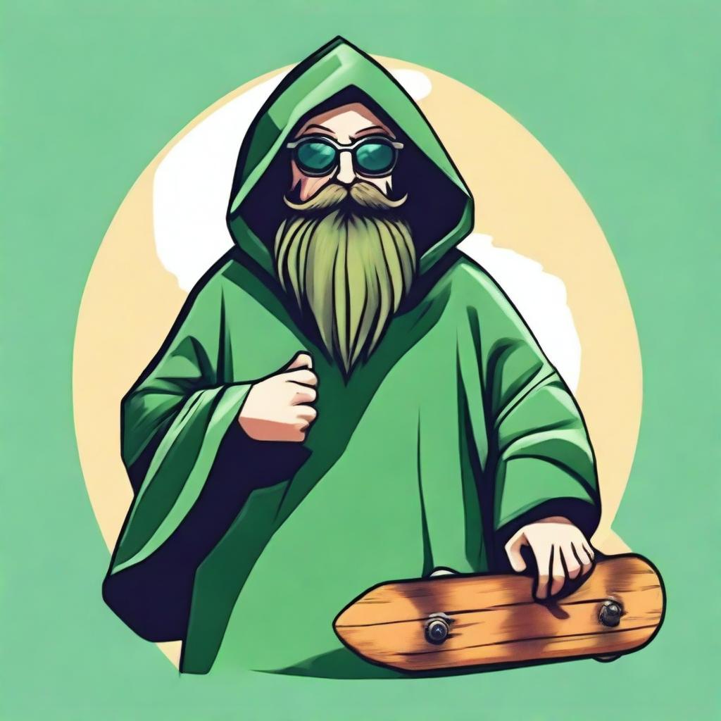 Design a T-shirt featuring a bearded wizard wearing a green hooded poncho, holding a skateboard in one hand